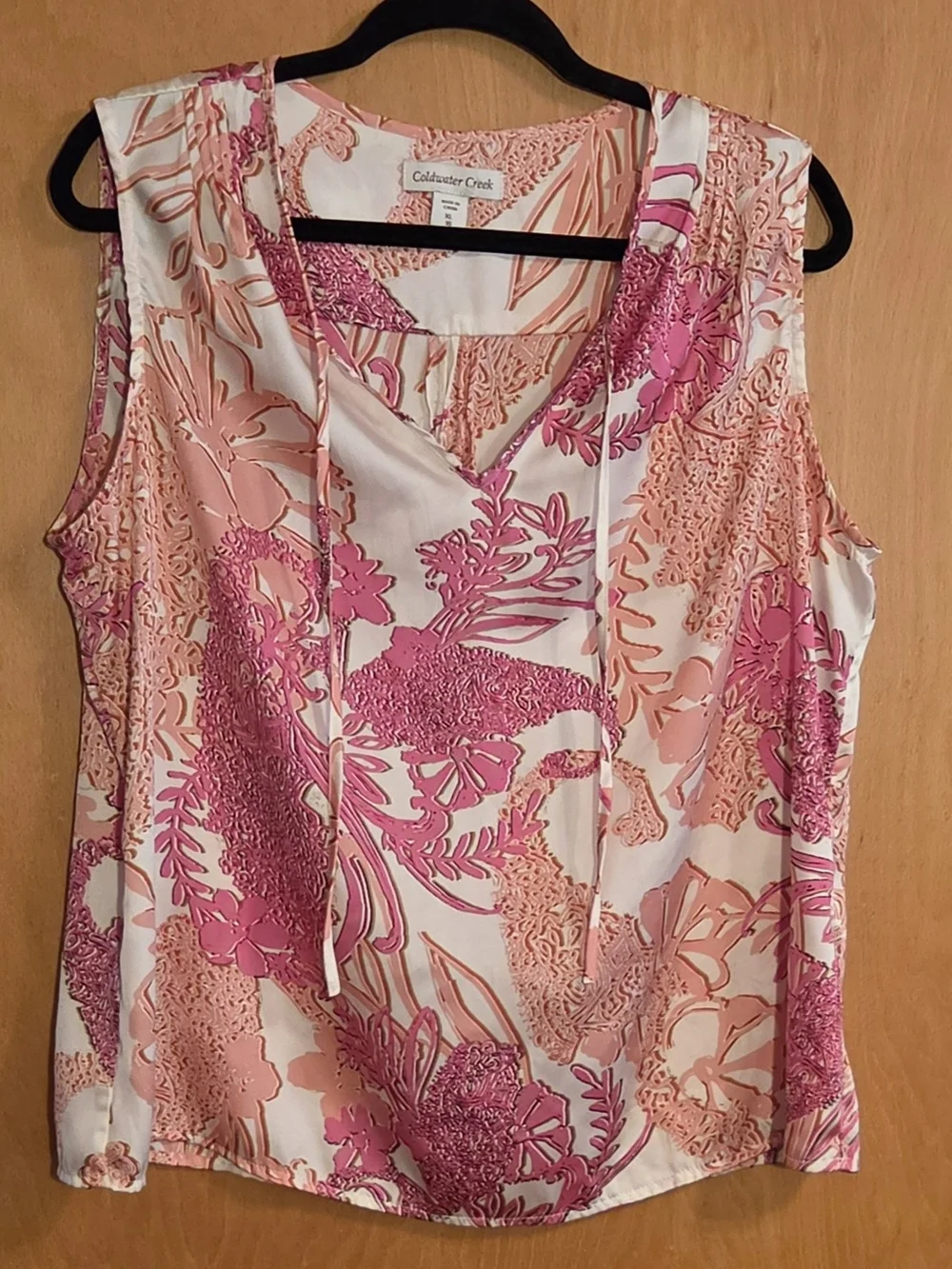 Coldwater Creek Pink & Peach Floral Tie-Front Sleeveless Blouse